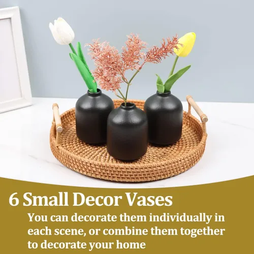 Vista 5 de Paquete de 6 jarrones bohemios, modernos jarrones de cerámica negra para decoración del hogar, centros de mesa de flores secas a granel, mini