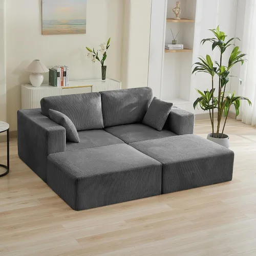 Vista 35 de WUTUTUEE Sofá modular en forma de U de 115 pulgadas, sofá modular modular de 3 plazas con 2 otomanas móviles, sofá cama convertible de pana con Beige
