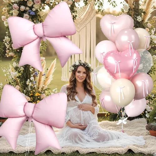 Vista 6 de 16 globos de corazón rosa, globos de lazo de 38 pulgadas, globo transparente rosa perla de doble relleno y arco en forma de corazón globo