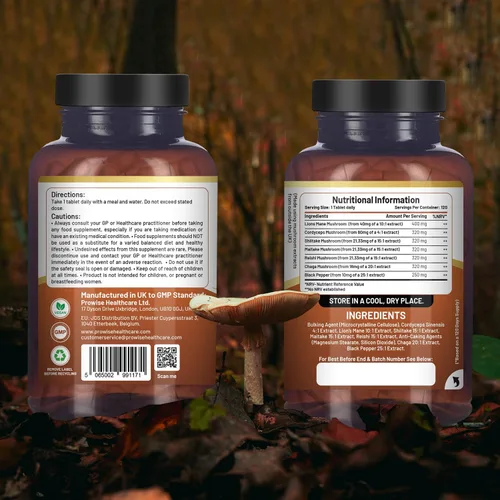 Vista 2 de Complejo avanzado de hongos de 2000 mg Una súper mezcla de 6 hongos con melena de león, chaga, cordyceps, shiitake, reishi y maitake con pimienta