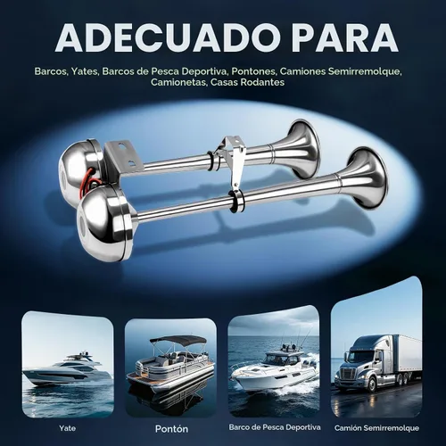 Vista 3 de FARBIN Bocina de barco impermeable de acero inoxidable doble trompeta Tubo doble de acero inoxidable