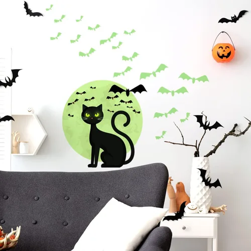 Vista 2 de Calcomanías de Halloween que brillan en la oscuridad, calcomanías de pared luminosas con bonitos diseños de murciélagos de gato, decoraciones que