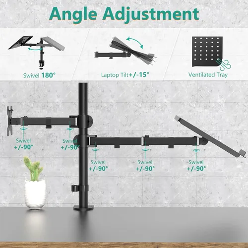 Vista 4 de WALI Soporte para laptop y monitor, soporte para monitor totalmente ajustable y bandeja para laptop para 1 portátil de hasta 17 pulgadas y 1