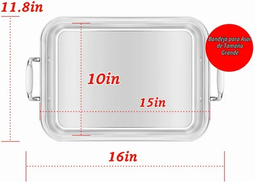Vista 6 de Sartén para asar de acero inoxidable de 15 pulgadas con estante de enfriamiento - Para pavo, pollo, jamón con estante de horneado en forma de V