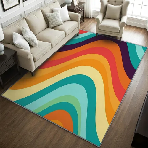 Vista 2 de Alfombras retro para sala de estar, alfombras de área de los años 70, 5 x 7, alfombra de onda abstracta, alfombra de arco iris colorida para sala