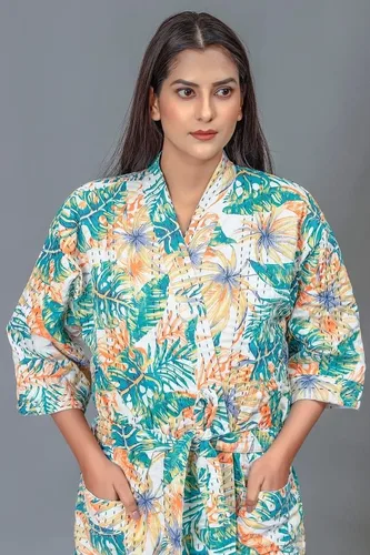 Vista 5 de FRUAMANIA - Bata acolchada a mano Kantha con estampado, para mujer, para baño, playa, talla única