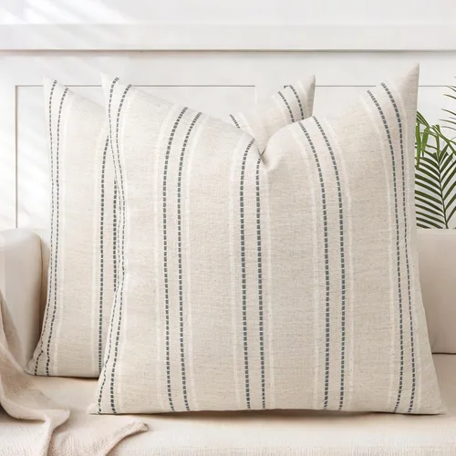 Vista 19 de AELS Fundas de Almohada Decorativas de Lino Estilo Granja de 16x16, Funda de Almohada con Textura Boho, Juego de 2, Beige con Rayas de Hilo Teñido
