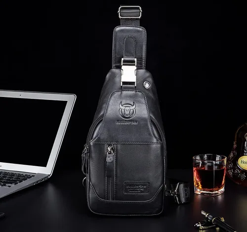 Vista 3 de BULLCAPTAIN Mochila bandolera de cuero genuino para hombre, multibolsillo, bandolera, bolsas de pecho, viajes, senderismo, mochila
