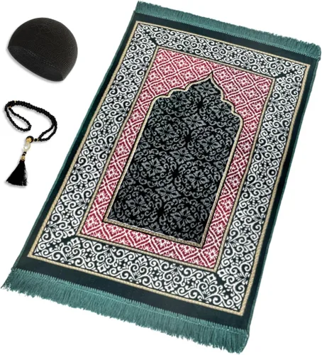 Vista 9 de Juego de alfombras de oración islámica de terciopelo (alfombra gruesa de oración, 99 cuentas de oración Tasbih, sombrero kufi de algodón negro), Azul