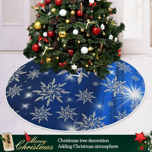 Vista 6 de Falda de árbol de fondo de copos de nieve azul de Navidad, tapete de árbol de temporada, suministros de fiesta, adornos para interiores
