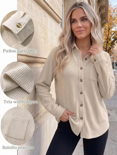 Vista 5 de Zeagoo Camisa de punto gofre para mujer, con botones, manga larga, con 01-albaricoque