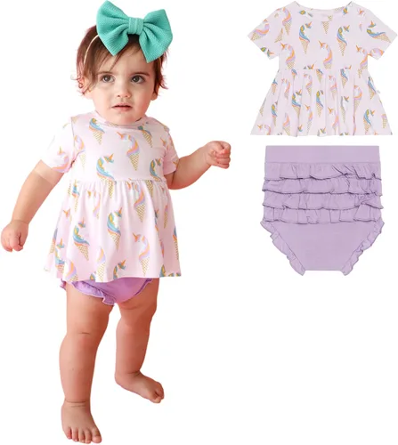 Vista 12 de Posh Peanut Conjunto de dos piezas – Conjunto de camiseta y pantalones cortos de manga corta – Viscosa transpirable de bambú para bebé niña Rosa