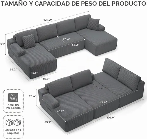 Vista 2 de Sofá Seccional Modular en Forma de U de 126.2'', Sofá Convertible de 4 Asientos, Sofás Sin Huesos para Sala de Estar (Gris) Sofá moderno de pana