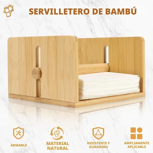 Vista 5 de Servilletero de bambú para mesa, servilletero cuadrado con brazo pesado, soporte de papel de cóctel de madera para cocina, comedor y fiesta