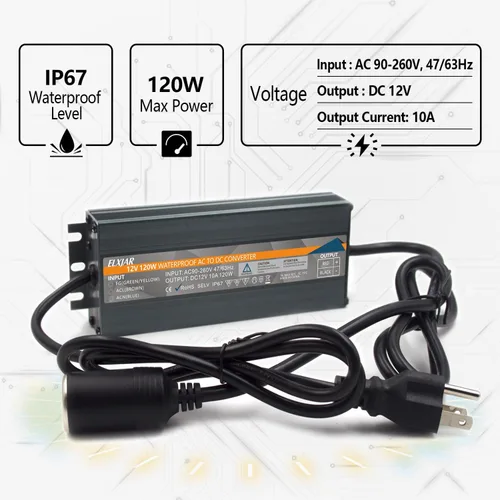 Vista 3 de Convertidor de CA a CC de 12V 10A 120W IP67 Impermeable Adaptador de Corriente 110V-220V a 12 Voltios Transformador para Refrigerador de Coche