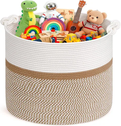 Vista 7 de Goodpick - Cesta tejida de yute para mantas, organización de ropa, cuerda de algodón, 40L Soft Blanket & Laundry Basket with Handles, Baby Toy