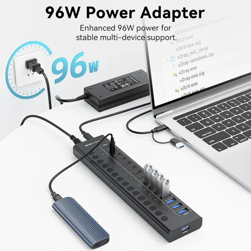 Vista 3 de Hub USB 3.2 alimentado, ACASIS 16 puertos USB 3.2 Hub (8 puertos USB-A 3.2 + 8 puertos USB-C 3.2), concentrador USB de aluminio alimentado