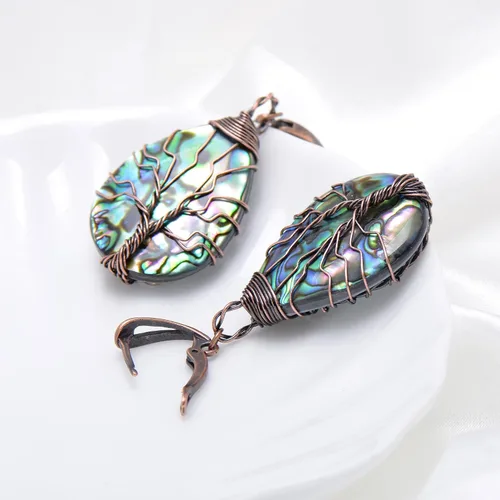 Vista 4 de Aretes de árbol de la vida de concha de abulón marino con alambre de cobre de bronce para mujer, cierre vintage