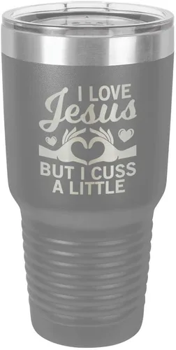 Vista 12 de Taza de viaje con texto en inglés "I Love Jessus I CUSS A LITTLE Engraved Tumbler", de acero con recubrimiento de polvo grabado con láser, sin BPA