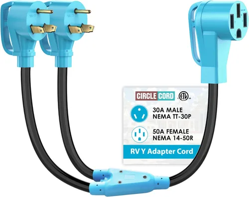 Vista 7 de CircleCord Cable adaptador en Y para caravana de 30 amperios a dos 30 amperios, enchufe macho NEMA TT-30P a hembra TT-30R con mango de agarre, STW