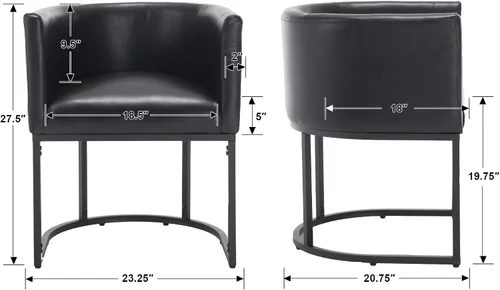 Vista 2 de HNY Silla de comedor moderna de mediados de siglo tapizada en forma de barril, negra, con brazos, silla de cocina y comedor de cuero, silla auxiliar