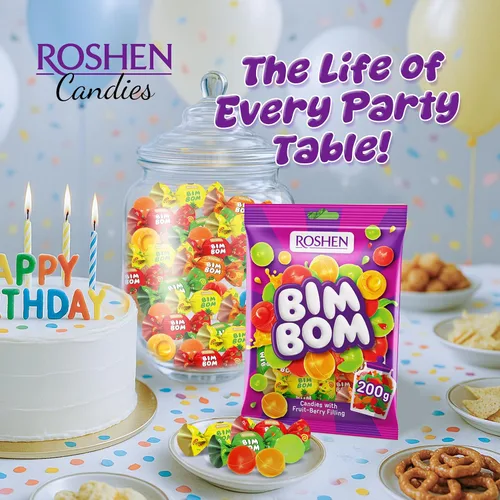 Vista 5 de Roshen Bim Bom Caramelos Duros – Caramelos surtidos rellenos de frutas y bayas, envueltos individualmente, a granel de 16.5 oz (468g)