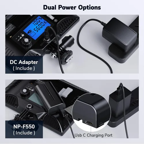 Vista 3 de Luz de cámara, panel de luz de video Dazzne D20 con adaptador de CC y batería recargable a través de USB-C directamente, luz DSLR bicolor