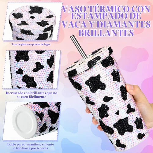 Vista 3 de Yaomiao - Botella de agua con estampado de vaca, vaso de diamantes de imitación para mujer, botella de agua de vaca con purpurina de 17 onzas