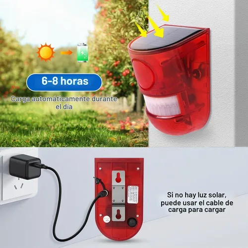 Vista 2 de Aolyty Luz solar de alarma con sensor de movimiento con sirena y LED rojo