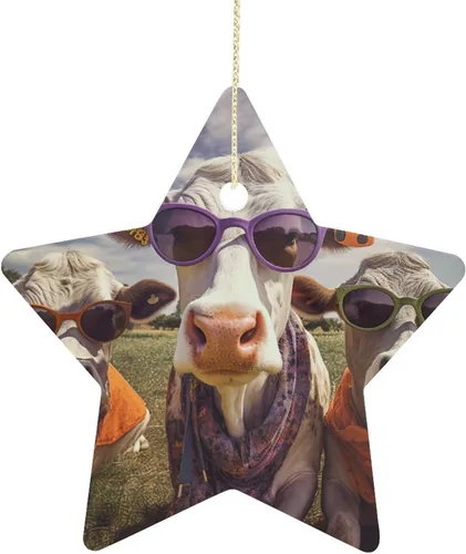 Vista 13 de Adorno de vacas en gafas de sol de porcelana de doble cara de 3 pulgadas, casa de campo, árbol de Navidad, accesorios para colgar, adorno de regalo