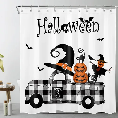 Vista 8 de LB Cortina de ducha de Halloween, cementerio de terror, fantasma, gatos negros en árbol, calabaza, cortinas de ducha para baño con ganchos, 60 x 72