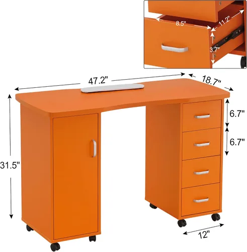 Vista 2 de BarberPub Mesa de manicura resistente a acetona, escritorio de tecnología de uñas con 4 cajones, 2 gabinetes, ruedas bloqueables, muñequera,