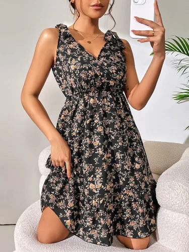 Vista 3 de SweatyRocks Vestidos de mujer con cuello en V y estampado floral, con lazo en los hombros, estilo bohemio, con volantes, acampanados