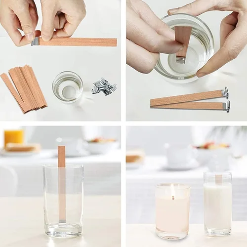 Vista 2 de 100 piezas de mechas de madera para hacer velas, mechas de madera crepitantes de 6 pulgadas/Mechas de vela sin humo con clip de base de metal, 50