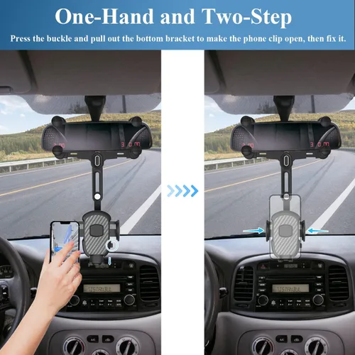 Vista 4 de Soporte de teléfono de coche para espejo retrovisor, giratorio 360° y retráctil, se adapta a teléfonos inteligentes de 4.0 a 7.0 pulgadas, espejo