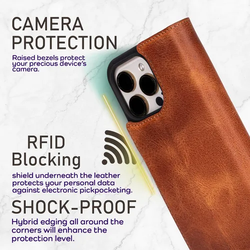 Vista 50 de Bayelon Funda tipo cartera para iPhone 15 Pro, cartera de cuero de grano completo, funda magnética desmontable, tarjetero, funda tipo cartera