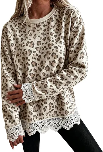 Vista 7 de Fall Sweatshirts for Women Crewneck Scalloped Lace Trim Cute Pullover Tops Lightweight Long Sleeve Polka Dot Sweatshirt,Oversized Leopard Print A