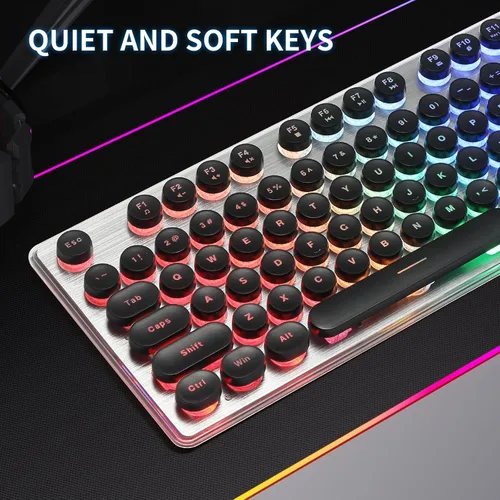 Vista 6 de Teclado estilo máquina de escribir con panel de metal, retroiluminación LED arcoíris, teclas redondas, anti-fantasma, resistente a derrames, luz USB