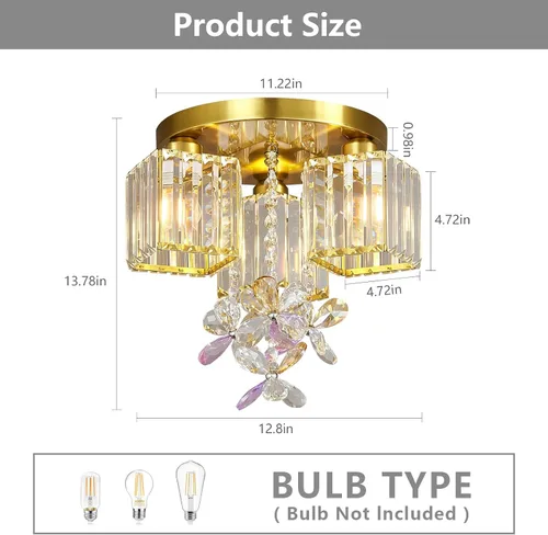 Vista 2 de Lámpara de techo semiempotrada, 3 lámparas cerca del techo para cocina, entrada, dormitorio, baño, vestíbulo, moderno, cristal dorado, lámpara