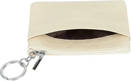 Vista 4 de Porta Monedas de Cuero Genuino para Mujer de Cynure, Mini Monedero con Llavero Beige