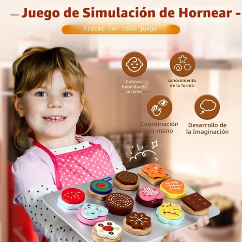 Vista 5 de Juego de Comida de Juguete de Galletas de Madera para Accesorios de Cocina Infantil, Juguetes de Comida para Niños Pequeños de 1-3, Juego