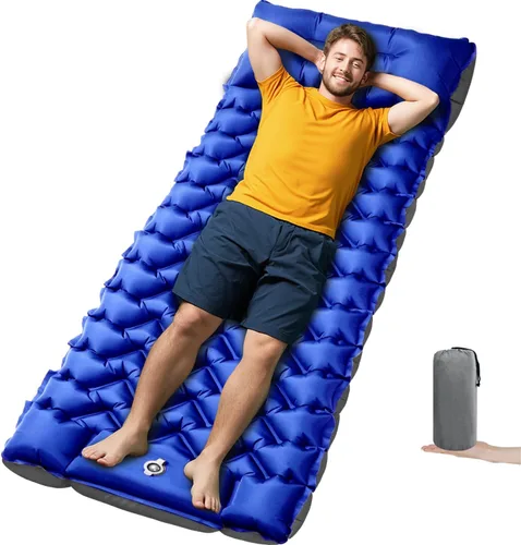 Vista 19 de Colchoneta para dormir, almohadilla de dormir compacta para acampar con almohada bomba de pie integrada, colchoneta inflable para viajes