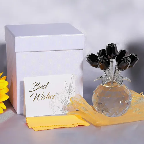Vista 6 de Movdyka Figura de cristal de rosa negra con jarrón, ramo de flores, regalos para esposa, novia, mujer, rosas negras falsas, decoración gótica