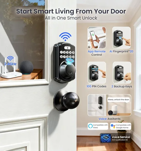 Vista 3 de Veise VE012W-K - Cerradura inteligente de huellas dactilares WiFi integrada con 2 perillas, no necesita concentrador, control remoto por aplicación