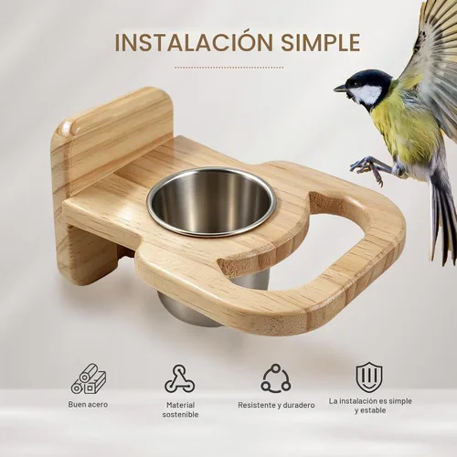 Vista 5 de Taza de alimentación de pájaros con plataforma, cuenco colgante de acero inoxidable para loros, soporte de perca de madera, jaula de pájaros
