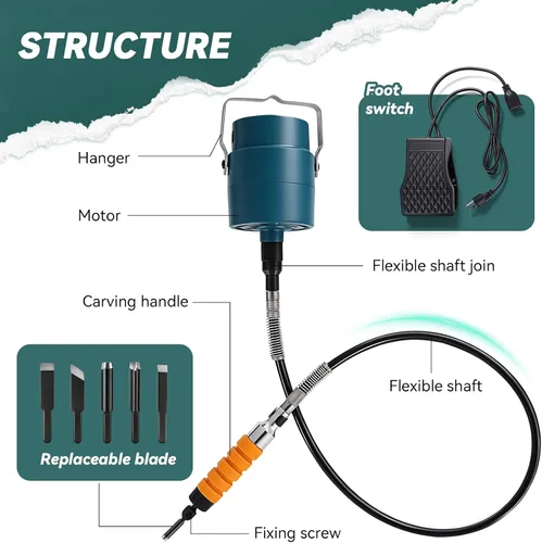 Vista 2 de Molino colgante de cincel de madera eléctrico, máquina de grabado de control de pedal para carpintería, máquina de tallar cincel de madera con mango