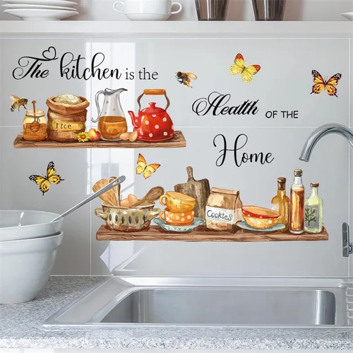 Vista 6 de Adhesivos de pared para estante de utensilios de cocina, sacinora The Kitchen is the Heart of Home, calcomanía de pared de abeja de mariposa, vinilo