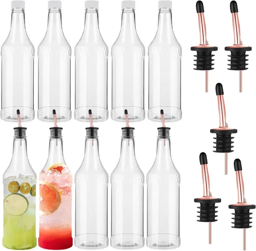 Vista 8 de Dandat 20 botellas de plástico de cuello largo de 32 onzas con vertedor y tapas, botellas de plástico para verter jugos con vertedor de acero Dorado