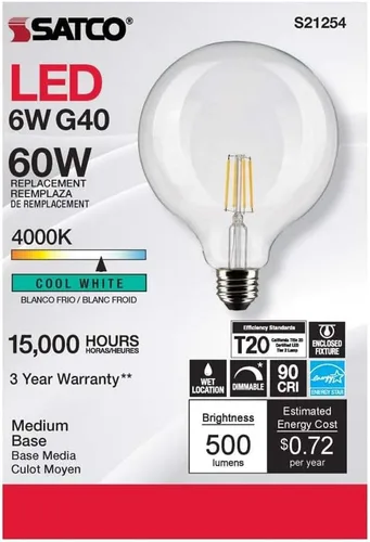 Vista 4 de Satco 6Pk 6w G40 Globo Filamento LED 4000K Base Mediana Regulable - 60W Equiv