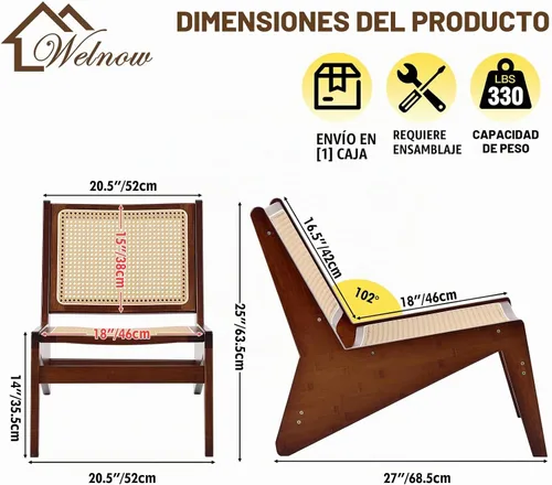 Vista 3 de Welnow Silla de ratán Mid Century con respaldo de caña tejida, nogal Juego de nogal